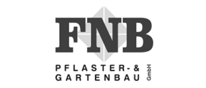 Das Bild zeigt ein Logo mit den Buchstaben FNB in fetter, schwarzer Schrift. Darunter sind die Worte PFLASTER- & GARTENBAU GmbH in kleinerer Schrift geschrieben. Im Hintergrund ist eine dezente geometrische Rautenform erkennbar. Das Farbschema ist in Graustufen gehalten.