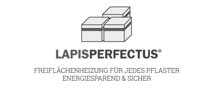 Logo mit drei gestapelten Blöcken über den Worten LAPISPERFECTUS und dem Satz FREIFLÄCHENHEIZUNG FÜR JEDES PFLASTER ENERGIESPAREND & SICHER darunter, der auf eine energieeffiziente Heizlösung für Außenflächen hinweist.